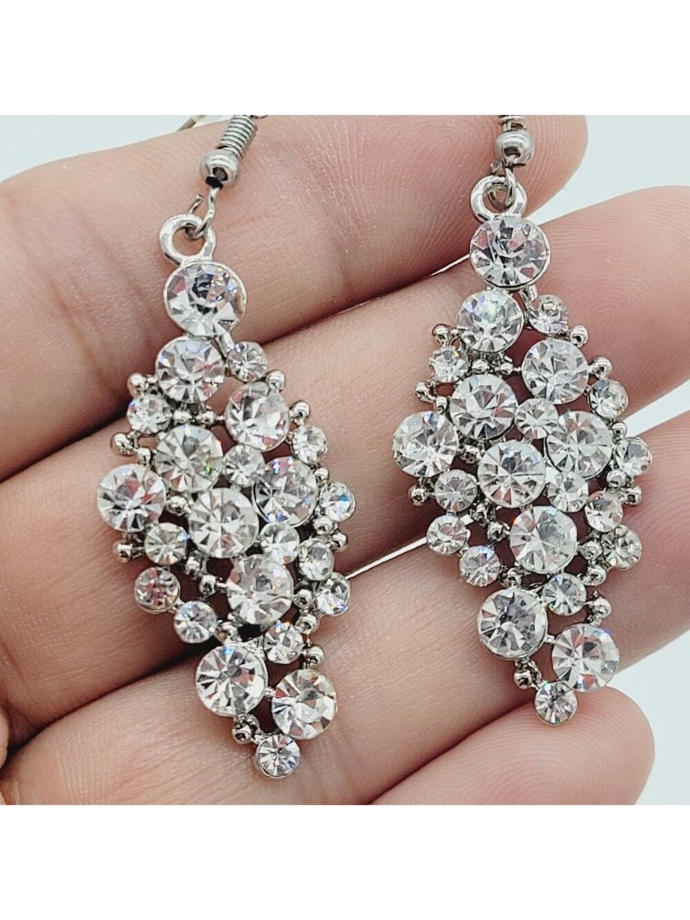 Rhinestone Cluster Drop Dangle Earrings Silver Tone 2.25" NWOT